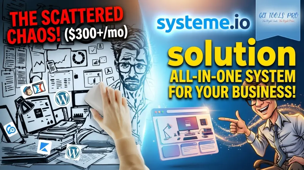 Systeme.io review all in one marketing platform vs scattered tools chaos comparison by Get Tools Pro